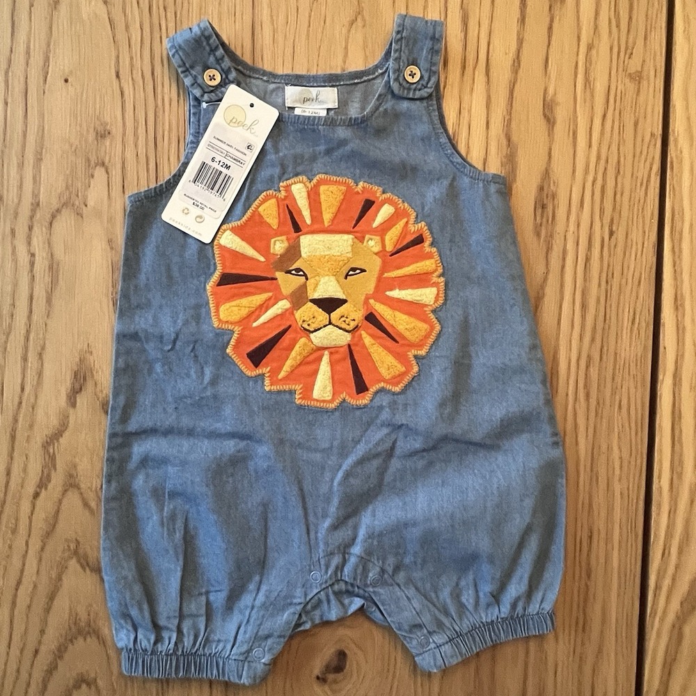 Peek Lion Chambray Jumper 6-12 Month Girl/Boy Lion patch Jungle Baby gift